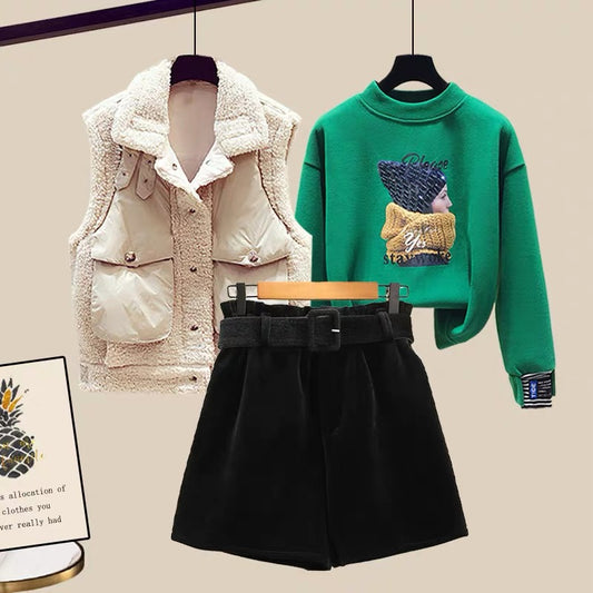 Winter small three-piece suit plus velvet thickened vest sweater woolen shorts boots pants Korean style small fragrance suit female