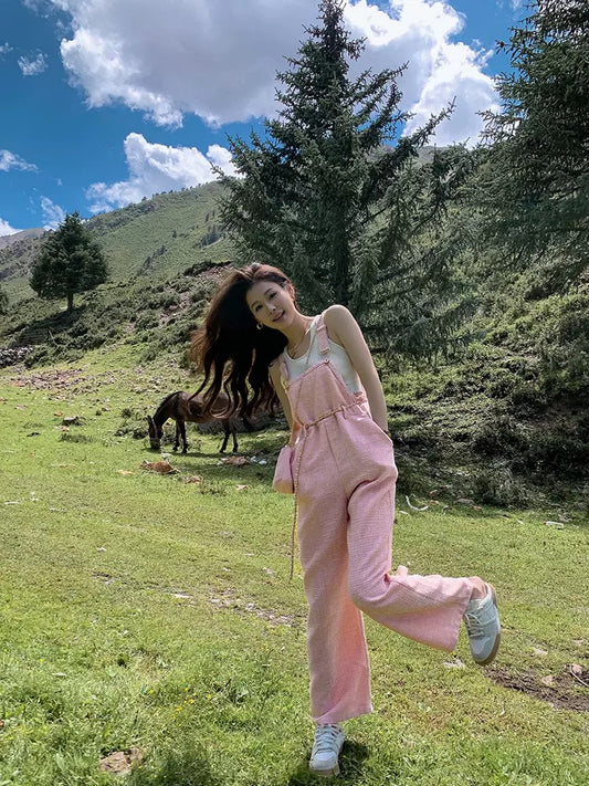 [Earth Store] Pink Xiaoxiang tweed overalls women's 2022 new loose straight casual one-piece pants 1680