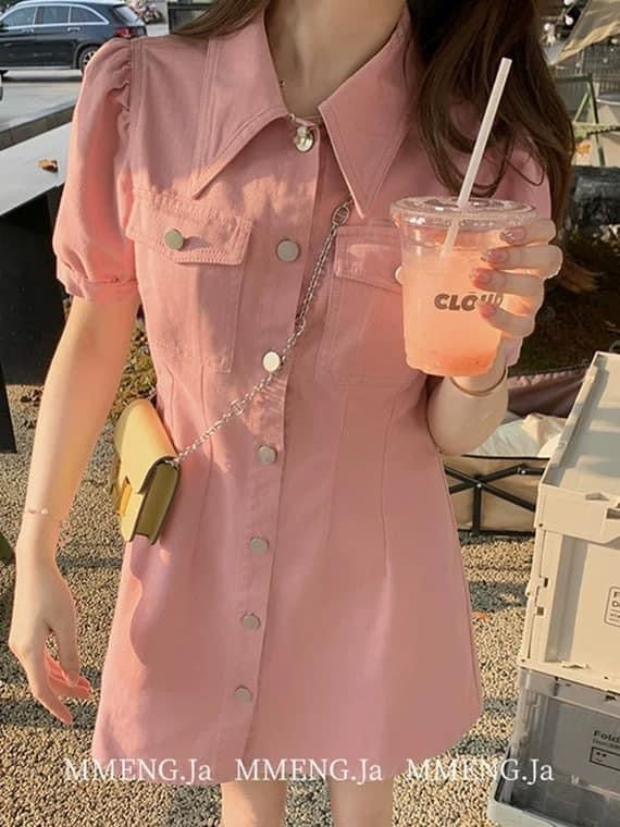 MMENGJA "Summer Sweetheart ゝ Pink Shirt Dress Slim Polo Collar Pure Desire Summer A-line Short Dress