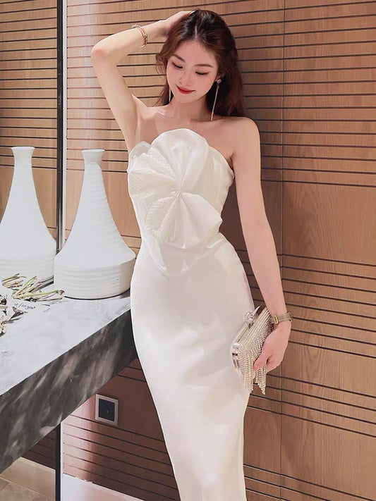 Sexy temperament tube top skirt women's fashion niche design Western style off-the-shoulder slim birthday date evening dress long skirt