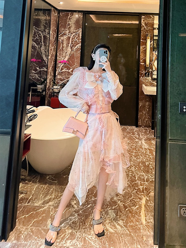 BETTER LS Sweet Suit Skirt Women's Autumn Design Sense of Sunscreen Mesh Shirt Skirt Explosive Two-piece Set