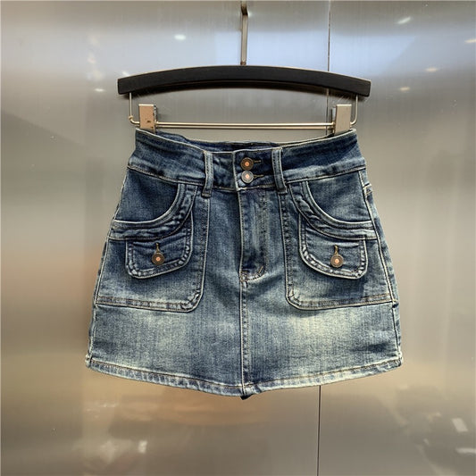Original trendy brand 2023 early spring new retro blue denim skirt double pocket design hip sexy skirt