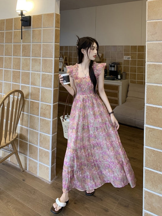Kumikumi sweet temperament floral sling dress women's summer design sense waist waist slimming mid-length skirt