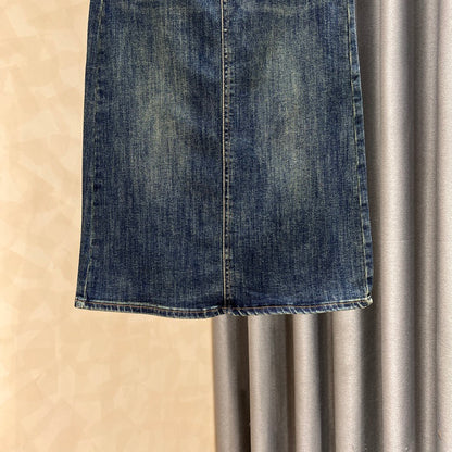 Contrasting color high waist denim skirt women's autumn new style thin all-match rear slit retro high waist bag hip long skirt
