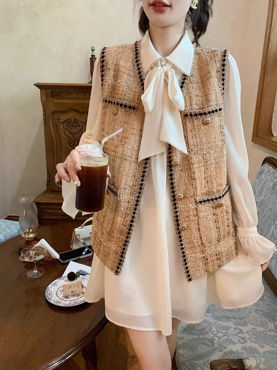 GUOGUOWOMEN tweed vest women's autumn new small fragrance V-neck sleeveless outer jacket 1106