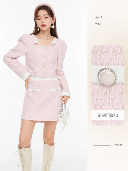 Fantu Fashion Puff Sleeve Jacket High Waist A-line Skirt Suit 2022 Autumn New Wool Small Fragrance Two-piece Set