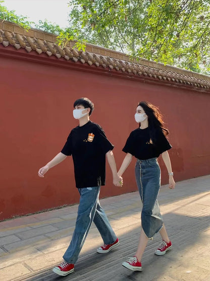The same color couple clothes summer clothes summer 2023 new trend tide brand special couple short-sleeved t-shirt ins black