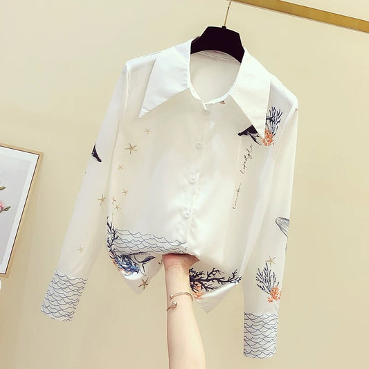 Women's clothing cutting label counters withdrawing foreign trade spring and autumn foreign air lotus leaf collar wave point chiffon shirt top women