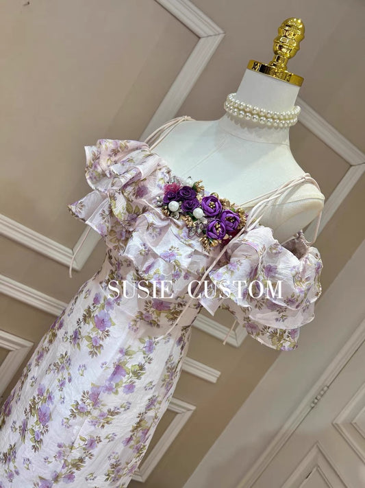 Rhinestone beads, flower straps, one-shoulder cake, lotus leaf, slim-fitting bag, buttocks, split, mid-length, strapless, off-the-shoulder skirt