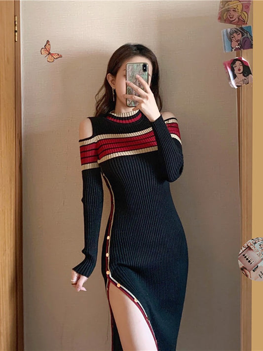 [Favorite Welfare] Knitted Dress Autumn and Winter 2022 Women's Long-sleeved Temperament Spring Dress Strapless Base Skirt