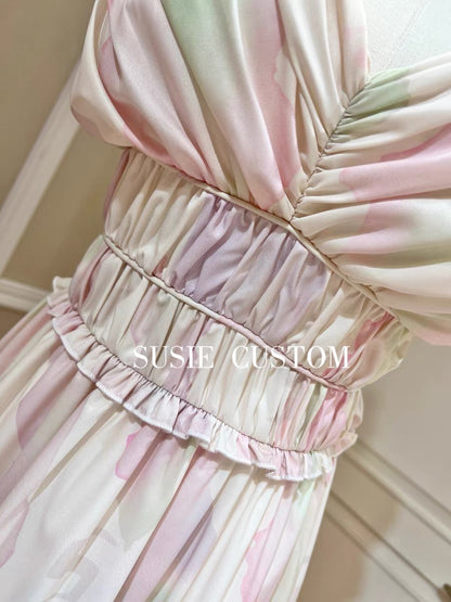 Customized deep V-neck pleated fungus edge with chest pad waist A-line tutu skirt printed suspender dress