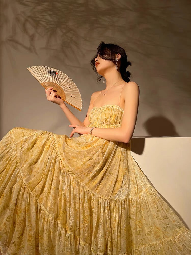 Aconiconi｜Fan Xia Qing Huan French Tea Break Floral Holiday Style High-end Large Swing Tube Top Sling Dress