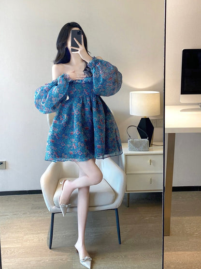 The fugitive princess's tutu skirt 2023 spring new style waist slimming French sweet gauze floral dress female