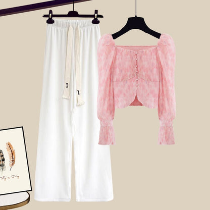 Early autumn new women's clothing, small fragrance style suit, milky gentle style shirt, wide-leg pants, sweet and light luxury two-piece trousers