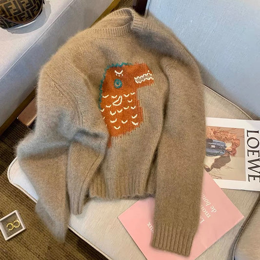 Retro lazy cartoon little dinosaur soft waxy sweater women's 2022 early autumn new age-reducing mohair knitted jacket