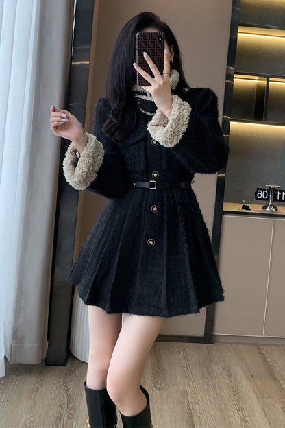 Autumn and winter new 2022 small fragrance black lamb wool dress women's high-end sense French small long-sleeved skirt