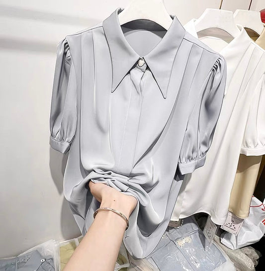 2022 new French solid color lapel beaded single-breasted short-sleeved chiffon shirt women's summer thin top