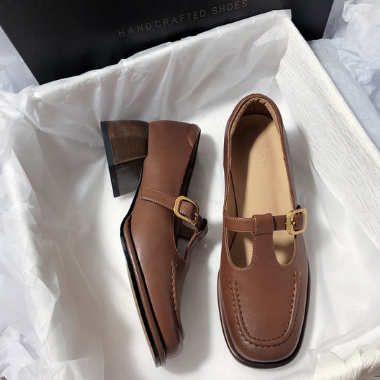 Senyu Haixiang French retro 2023 new leather single shoes literary retro chunky heel loafers square toe single shoes