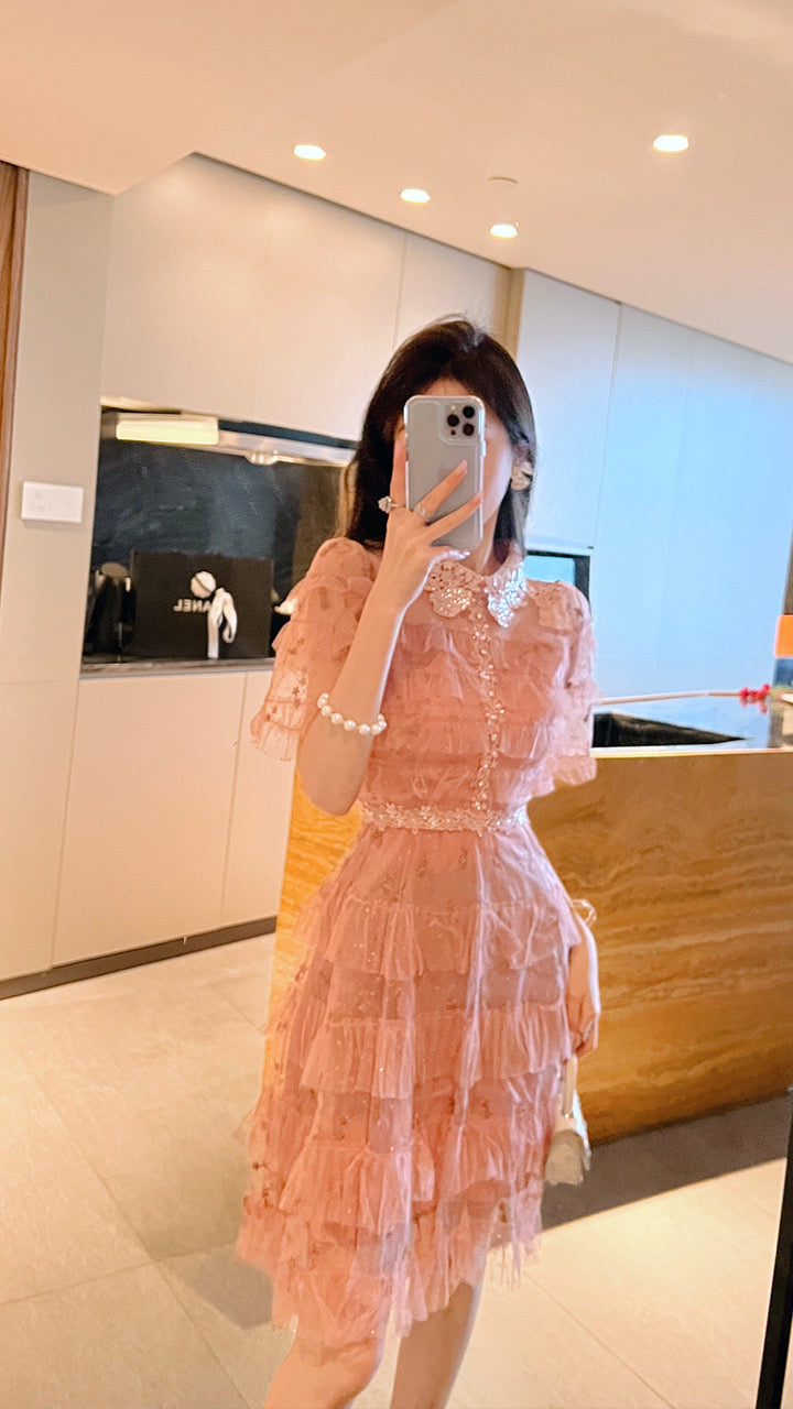 BETTER LS light luxury celebrity temperament dress high-end sense of small fragrance pink cake skirt party dress