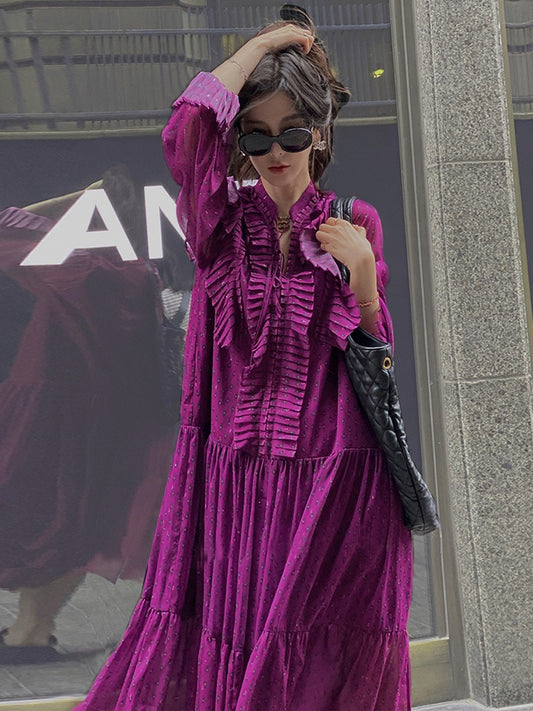 Xu Lin mini French high-end heavy-duty purple dress pleated all-match iris purple custom floral series