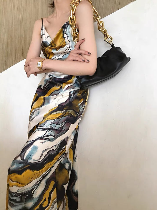 Aconiconi｜Heavyweight 19 mmi mulberry silk temperament slim French suspender long dress women's summer