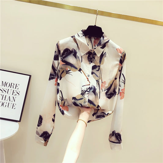Long-sleeved shirt women 2022 early autumn new retro design sense niche printed chiffon shirt women's fashion tops