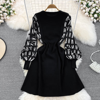 2023 Autumn New Fake Two-piece Contrasting Color Long Sleeve Covering Belly Showing Thin and Age-Reducing Temperament Round Neck A-Line Knitted Dress