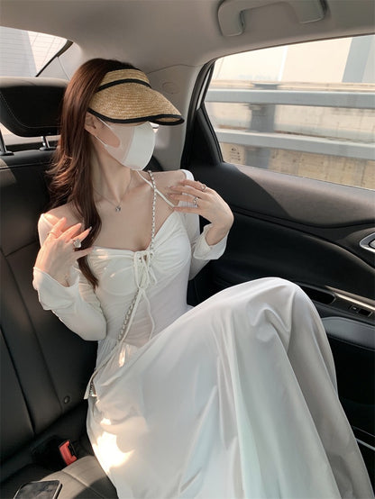 French one-shoulder hanging neck suspender dress niche design sense summer women's waist slimming fairy skirt long skirt