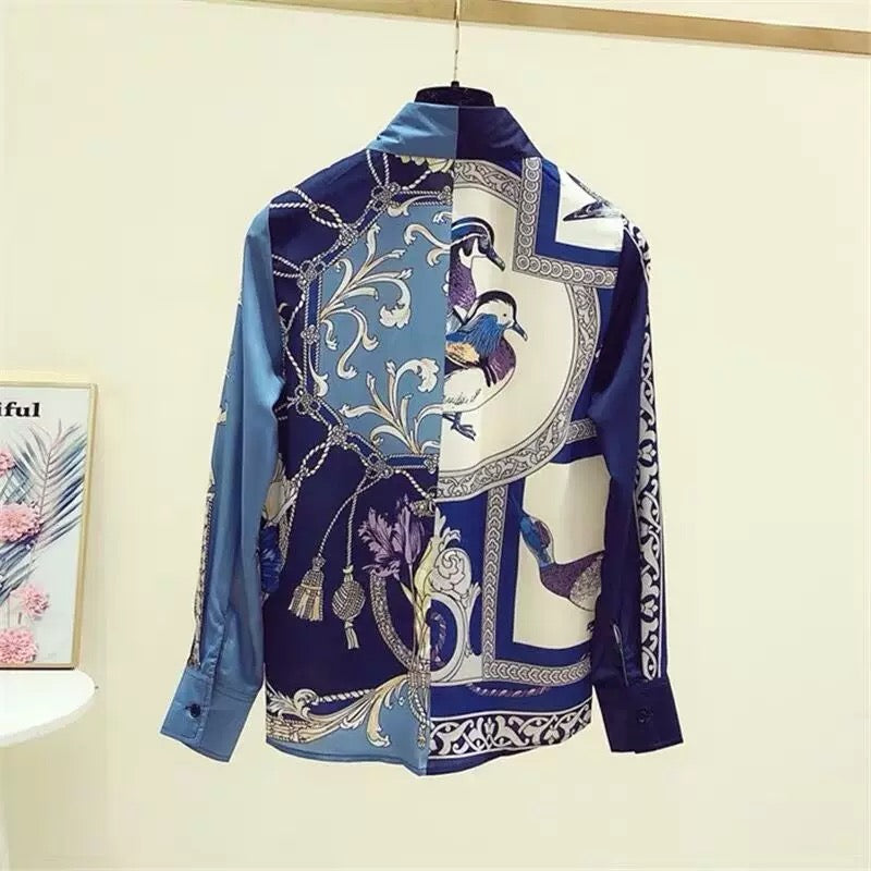 Women's clothing cutting label counters withdrawn foreign trade spring and autumn retro western style printing contrast color long-sleeved shirt tops
