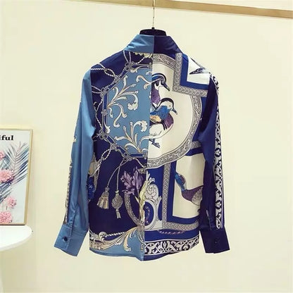 Women's clothing cutting label counters withdrawn foreign trade spring and autumn retro western style printing contrast color long-sleeved shirt tops