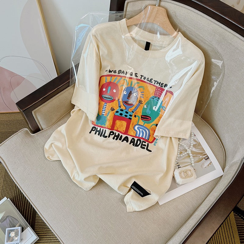 Apricot t-shirt women's summer loose cotton design sense niche half-sleeved chic fun cartoon print top ins tide