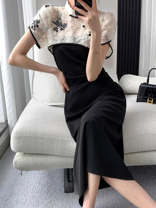 FT GUOGE black suspender dress female 2022 summer new retro new Chinese style improved cheongsam two-piece suit
