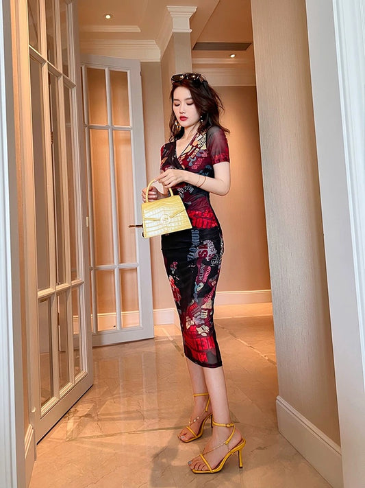 European station mature women's clothing, light and mature style, temperament, printed v-neck dress, summer slim, slim waist and hip skirt