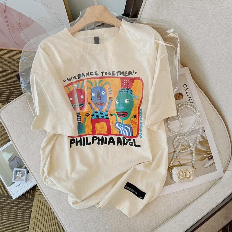 Apricot t-shirt women's summer loose cotton design sense niche half-sleeved chic fun cartoon print top ins tide