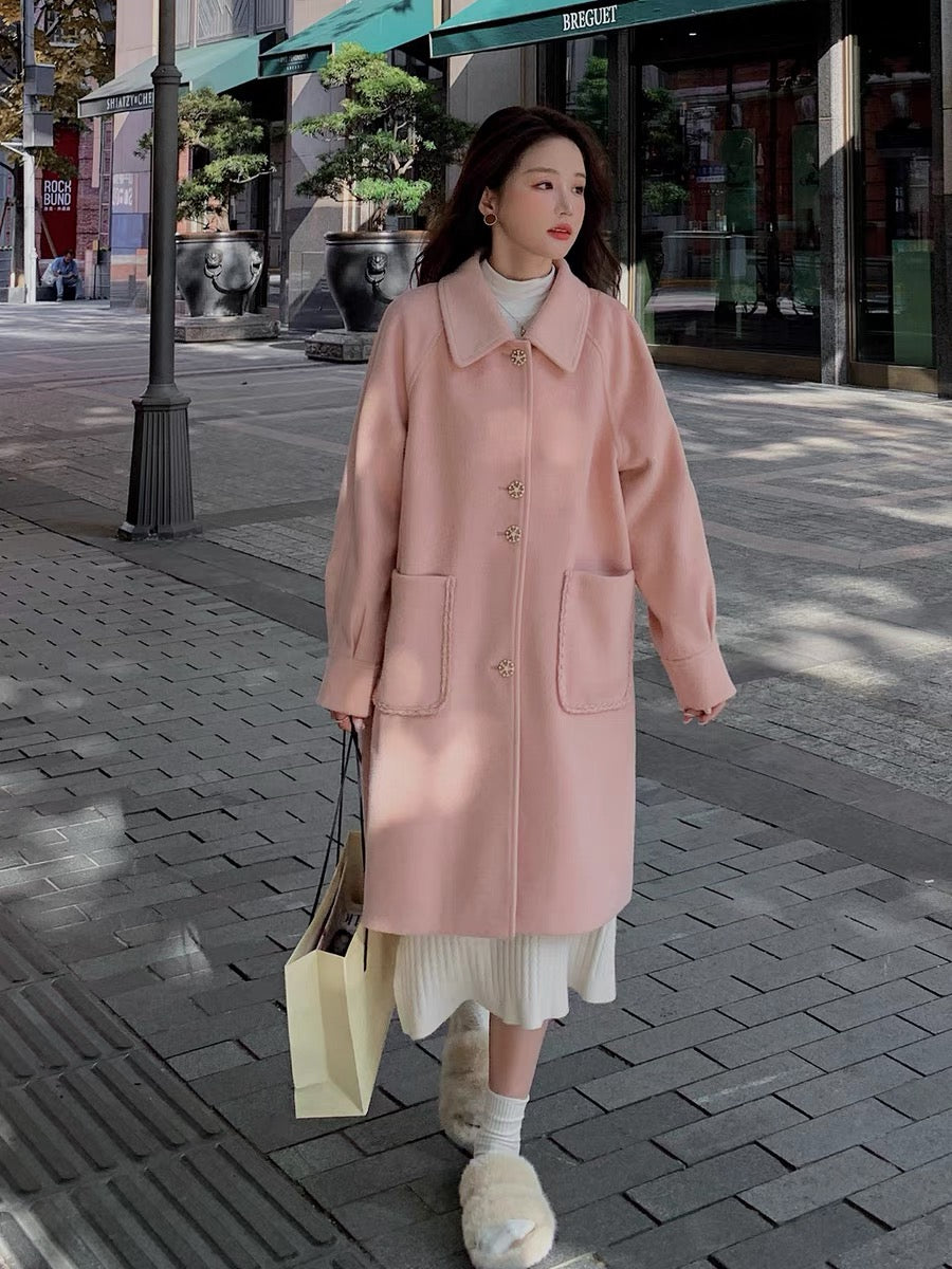 Pink Hepburn woolen coat female autumn and winter small man 2022 new Korean high-grade milk fufu woolen coat