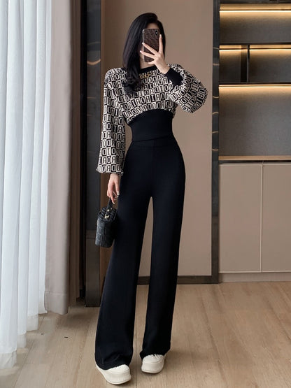 Xiaoxiangfeng Knitted Casual Fashion Suit Women's Autumn and Winter Waist Reduction Age Temperament Ladies Wide-leg Pants Two-piece Western Style