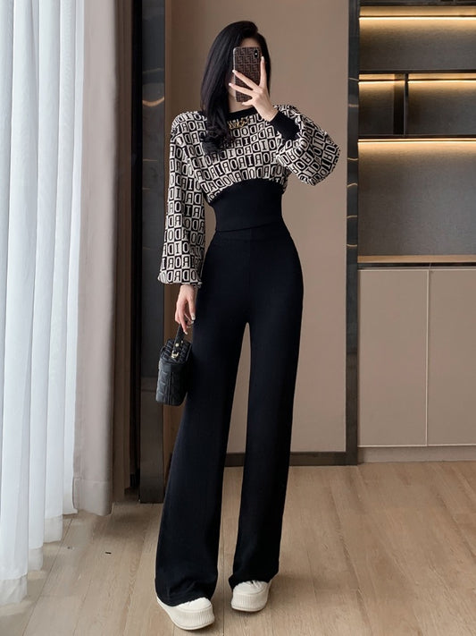 Xiaoxiangfeng Knitted Casual Fashion Suit Women's Autumn and Winter Waist Reduction Age Temperament Ladies Wide-leg Pants Two-piece Western Style