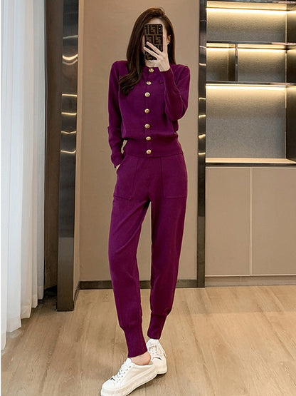 Casual sports suit women's spring and autumn self-cultivation and slim fashion age-reducing high-level knitted sweater two-piece western style