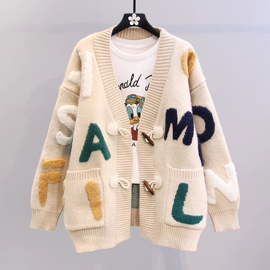 Horn button embroidered letter sweater jacket women's autumn and winter 2022 new loose and lazy style knitted cardigan