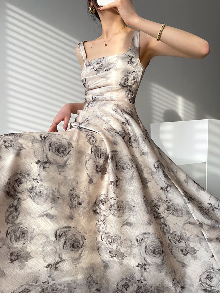 Aconiconi｜Thorn Garden Advanced Design French Print Temperament Goddess Sleeveless Long Dress Dress