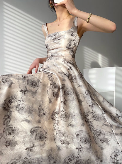 Aconiconi｜Thorn Garden Advanced Design French Print Temperament Goddess Sleeveless Long Dress Dress