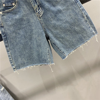 Retro washed blue denim five-point pants women's 2023 summer new high waist and slim A-line wide-leg pants