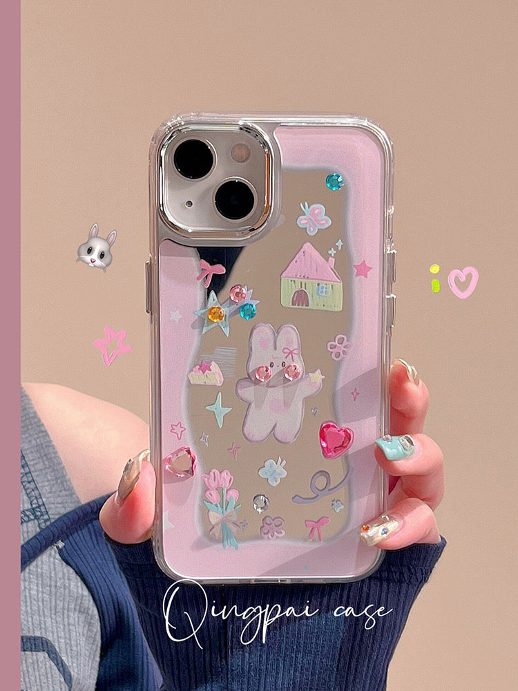 Light style suitable for Apple 14 mobile phone case new iphone13 girl stickers diamond rabbit mirror 12 girls 11 cartoon 14pm net red cute make-up mirror super hot all-inclusive anti-fall hard shell protective cover