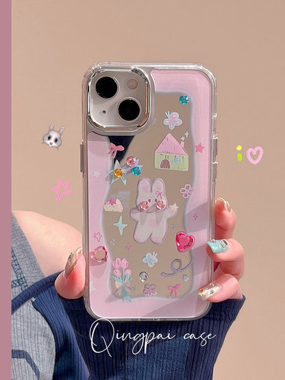 Light style suitable for Apple 14 mobile phone case new iphone13 girl stickers diamond rabbit mirror 12 girls 11 cartoon 14pm net red cute make-up mirror super hot all-inclusive anti-fall hard shell protective cover