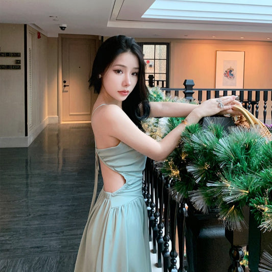 Xishuangbanna Seaside Holiday Long Dress Sanya Beach Skirt Advanced Sexy Backless Satin Strap Sling Dress