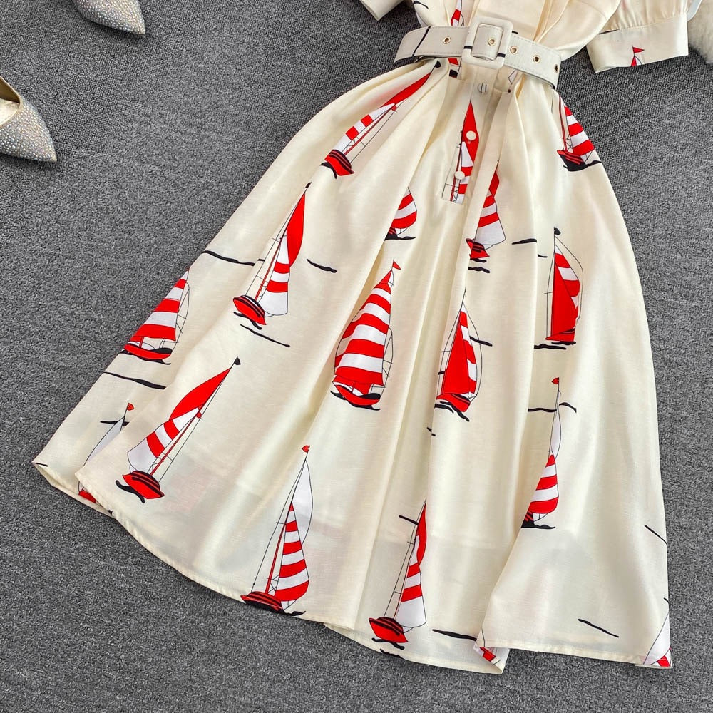 Summer high-end light luxury retro temperament stand collar bow tie waist printed a-line dress elegant big swing long skirt