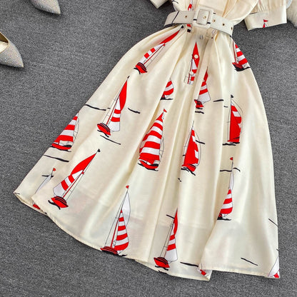 Summer high-end light luxury retro temperament stand collar bow tie waist printed a-line dress elegant big swing long skirt