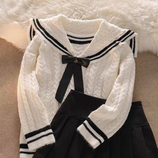 Reduced age girl B preparation!  Navy Collar Bow Knot Sweater Women's Pleated Skirt Can Be Sweet or Salty High Sense Suit
