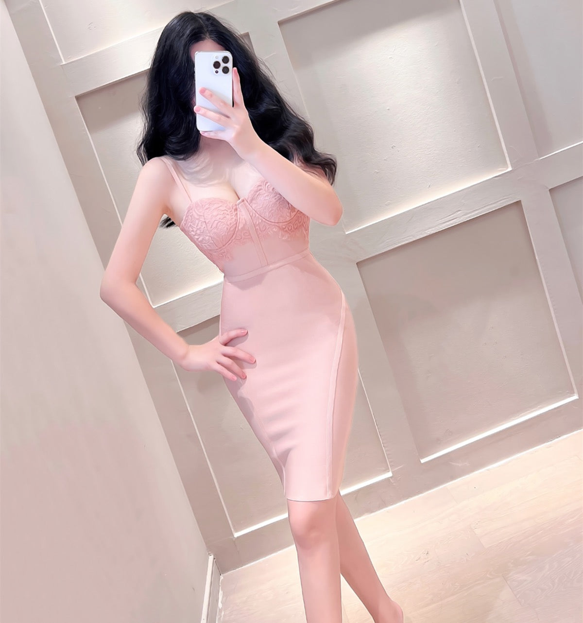 Sexy Lace Sling Net Red Soft Pink Slim Dress