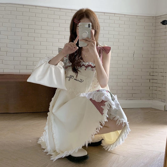 Retro Stitching Denim Floral Suspender Dress Women's Spring 2023 New Chic Loose Slim A-Line Skirt